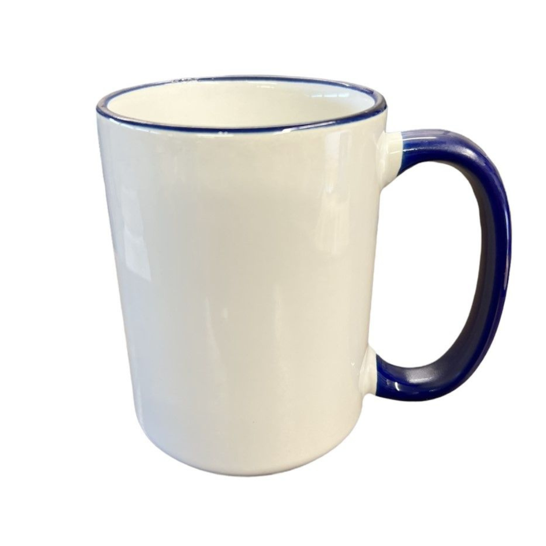 15 Ounce Custom Coffee Mugs - Blue Rim and Handle